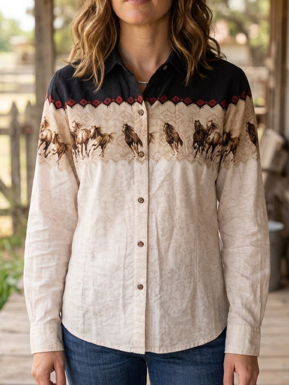 Vintage Bit & Bridle Equestrian Running Horses Western Shirt Cotton